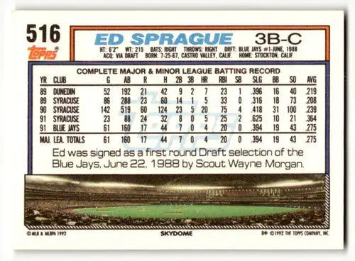 1992 Topps #516 Ed Sprague Toronto Blue Jays Baseball Cards EX/NM ID:55896 - Baseball Card Single