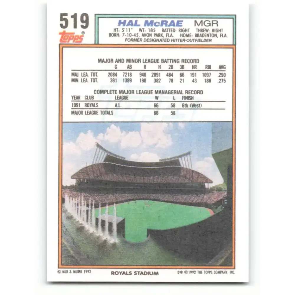 1992 Topps #519 Hal McRae NM-MT Kansas City Royals Baseball Card - Baseball Card Single
