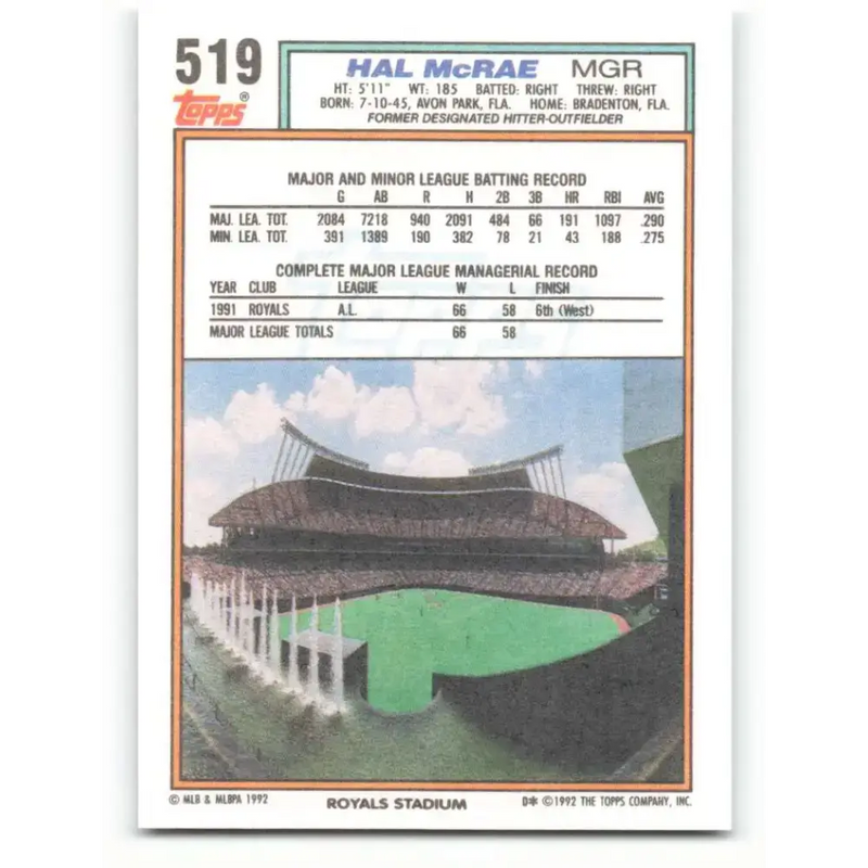 1992 Topps #519 Hal McRae NM-MT Kansas City Royals Baseball Card - Baseball Card Single