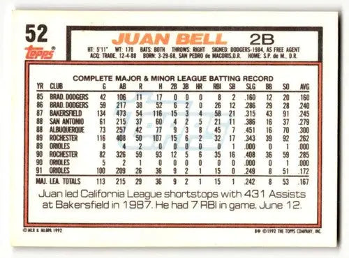 1992 Topps #52 Juan Bell Baltimore Orioles Baseball Cards EX/NM ID:61123 - Baseball Card Single