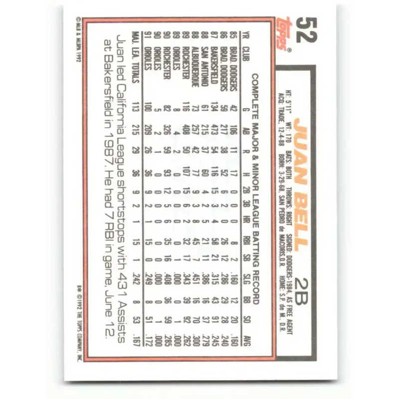1992 Topps #52 Juan Bell EX Excellent Baltimore Orioles Baseball Card - Baseball Card Single