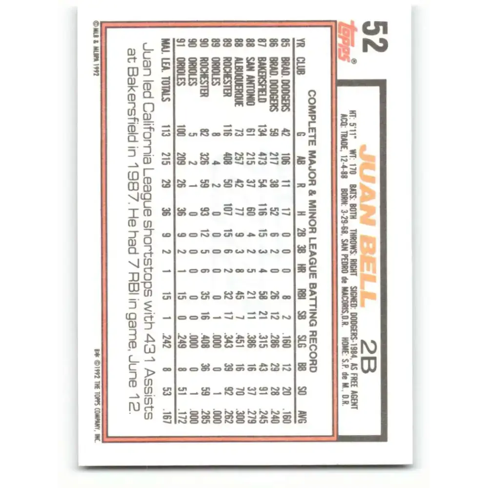 1992 Topps #52 Juan Bell NM-MT Baltimore Orioles Baseball Card - Baseball Card Single