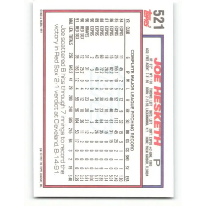 1992 Topps #521 Joe Hesketh EX Excellent Boston Red Sox Baseball Card - Baseball Card
