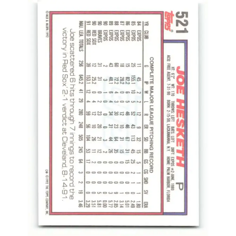 1992 Topps #521 Joe Hesketh EX Excellent Boston Red Sox Baseball Card - Baseball Card Single