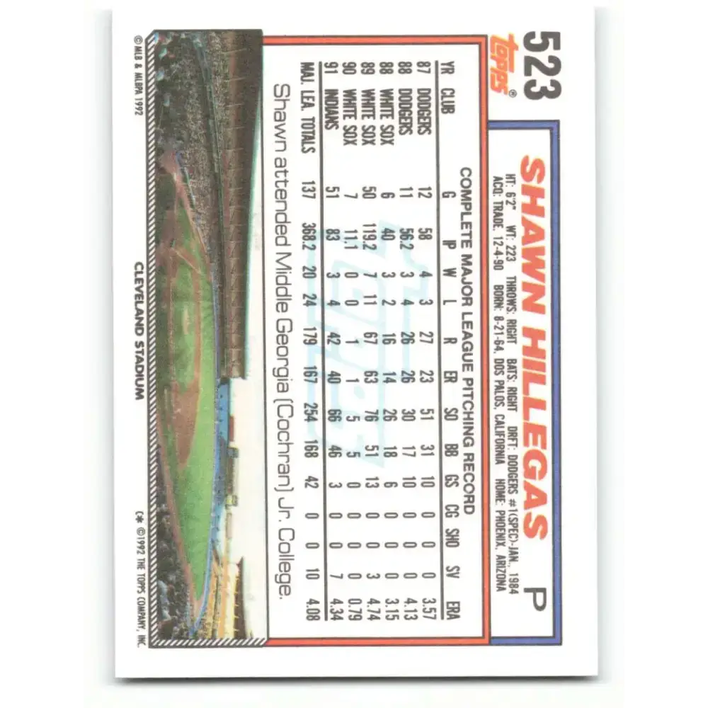 1992 Topps #523 Shawn Hillegas NM-MT Cleveland Indians Baseball Card - Baseball Card Single