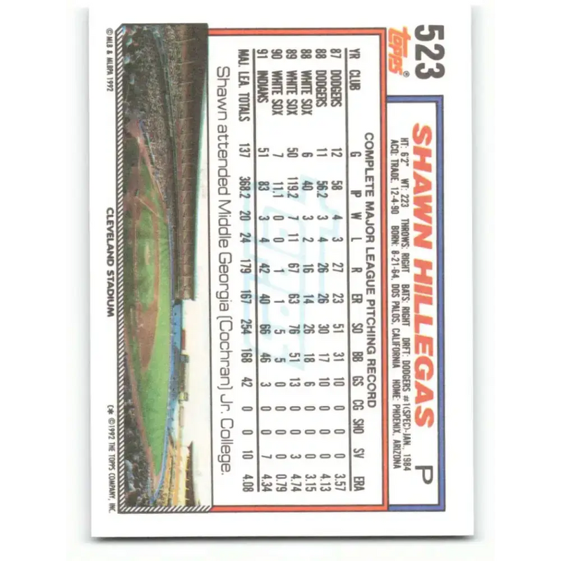 1992 Topps #523 Shawn Hillegas NM-MT Cleveland Indians Baseball Card - Baseball Card Single