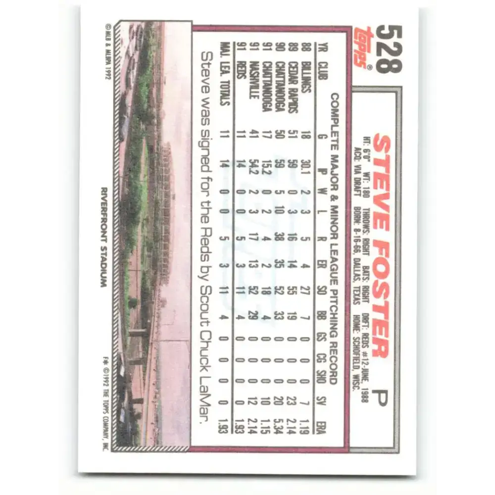 1992 Topps #528 Steve Foster NM-MT RC Rookie Cincinnati Reds Baseball Card - Baseball Card Single