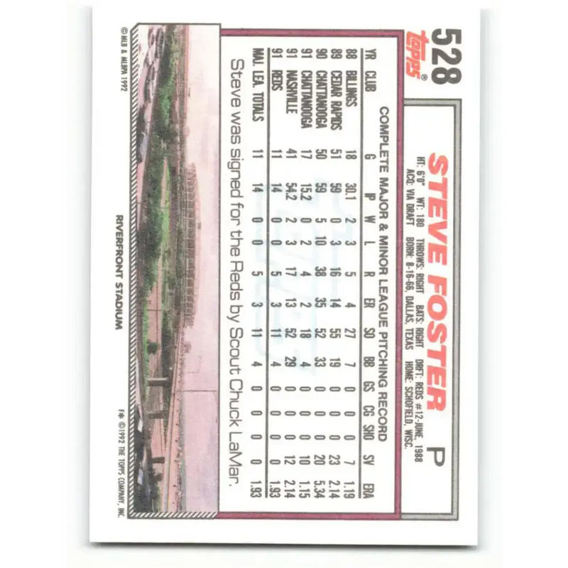 1992 Topps #528 Steve Foster NM-MT RC Rookie Cincinnati Reds Baseball Card - Baseball Card Single