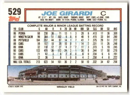 1992 Topps #529 Joe Girardi NM Near Mint Cubs ID:43524 - Baseball Card Single