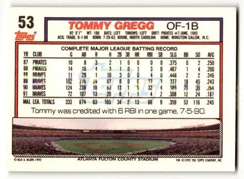 1992 Topps #53 Tommy Gregg Atlanta Braves Baseball Cards EX/NM ID:61147 - Baseball Card Single