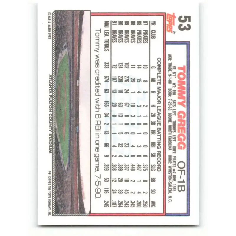 1992 Topps #53 Tommy Gregg NM-MT Atlanta Braves Baseball Card - Baseball Card Single
