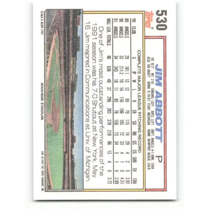 1992 Topps #530 Jim Abbott EX Excellent California Angels Baseball Card