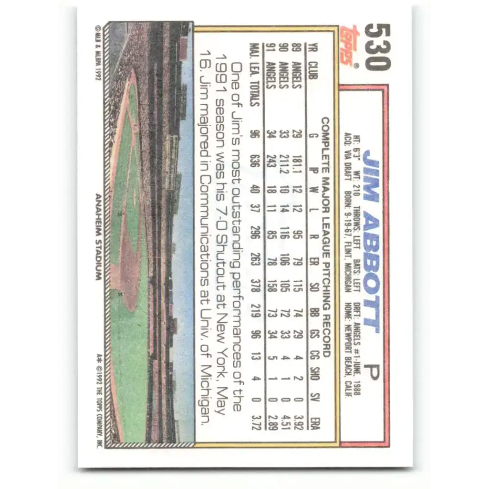 1992 Topps #530 Jim Abbott NM-MT California Angels Baseball Card - Baseball Card Single