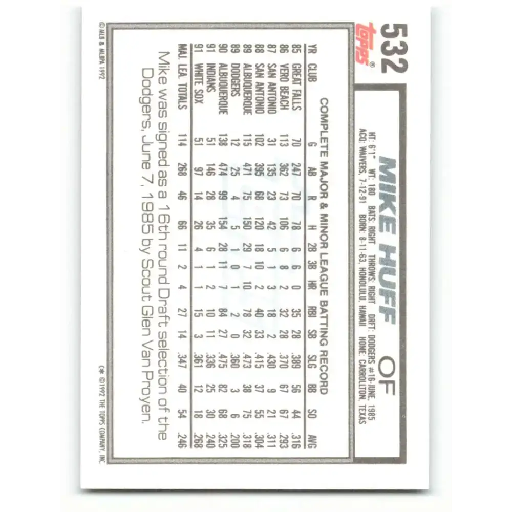 1992 Topps #532 Mike Huff NM-MT Chicago White Sox Baseball Card - Baseball Card Single