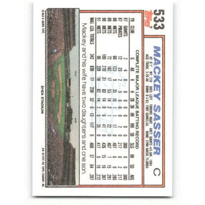 1992 Topps #533 Mackey Sasser EX Excellent New York Mets Baseball Card - Baseball Card