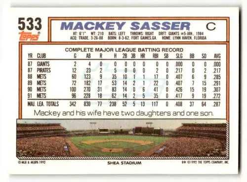 1992 Topps #533 Mackey Sasser New York Mets Baseball Cards EX/NM ID:55800 - Baseball Card Single