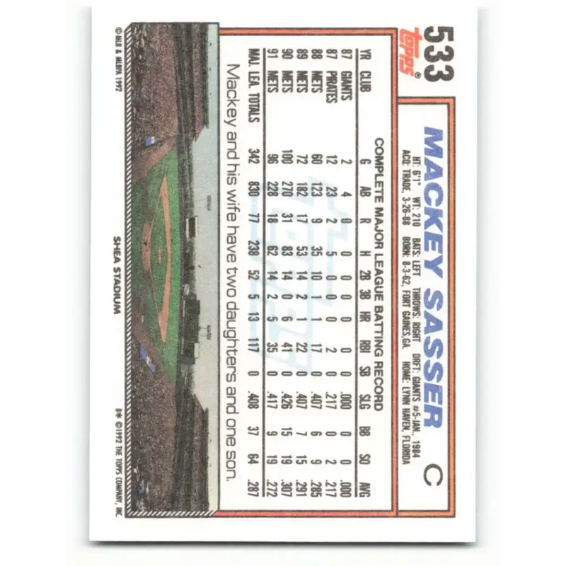 1992 Topps #533 Mackey Sasser NM-MT New York Mets Baseball Card - Baseball Card Single