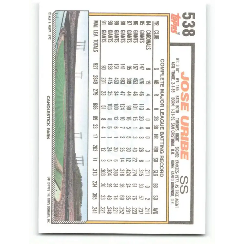 1992 Topps #538 Jose Uribe NM-MT San Francisco Giants Baseball Card - Baseball Card Single