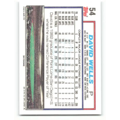 1992 Topps #54 David Wells EX Excellent Toronto Blue Jays Baseball Card - Baseball Card
