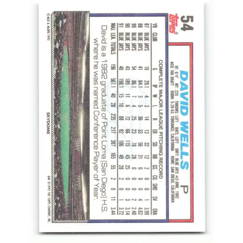 1992 Topps #54 David Wells EX Excellent Toronto Blue Jays Baseball Card - Baseball Card Single