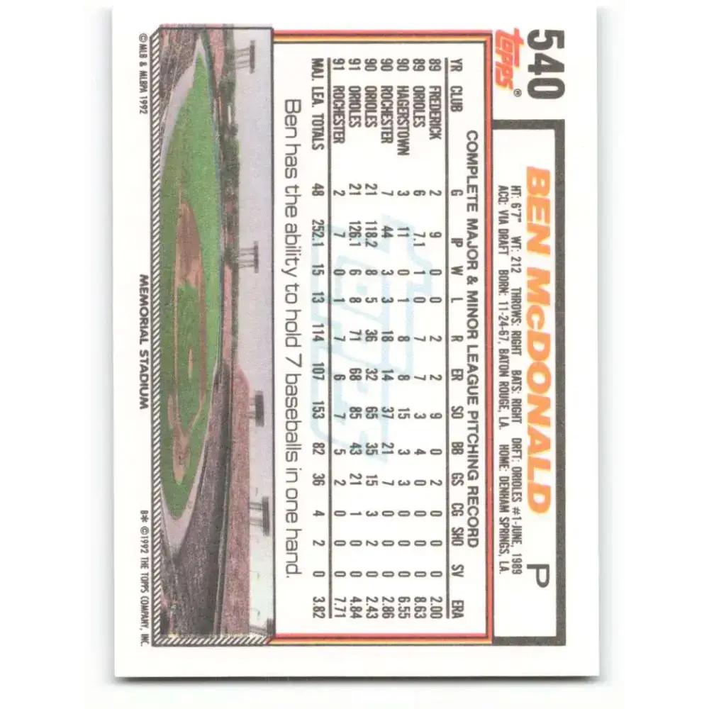 1992 Topps #540 Ben McDonald NM-MT Baltimore Orioles Baseball Card - Baseball Card Single