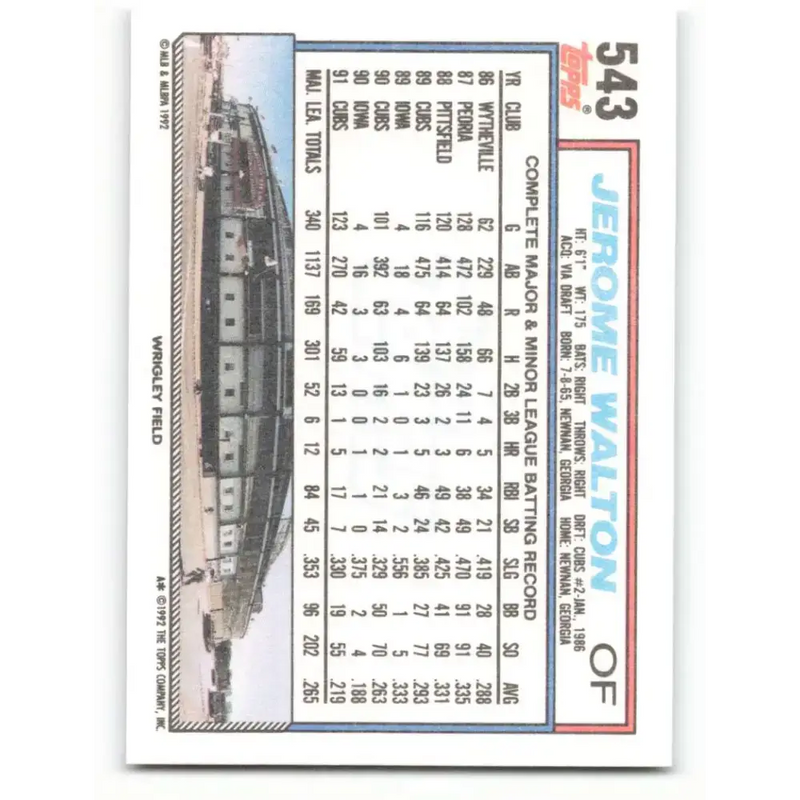 1992 Topps #543 Jerome Walton NM-MT Chicago Cubs Baseball Card - Baseball Card Single