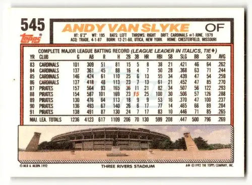 1992 Topps #545 Andy Van Slyke Pittsburgh Pirates Baseball Cards EX/ ID:55846 - Baseball Card Single