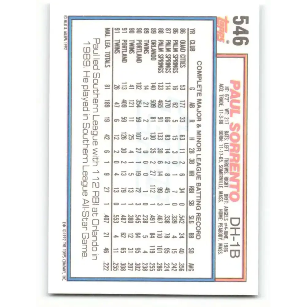 1992 Topps #546 Paul Sorrento NM-MT Minnesota Twins Baseball Card - Baseball Card Single