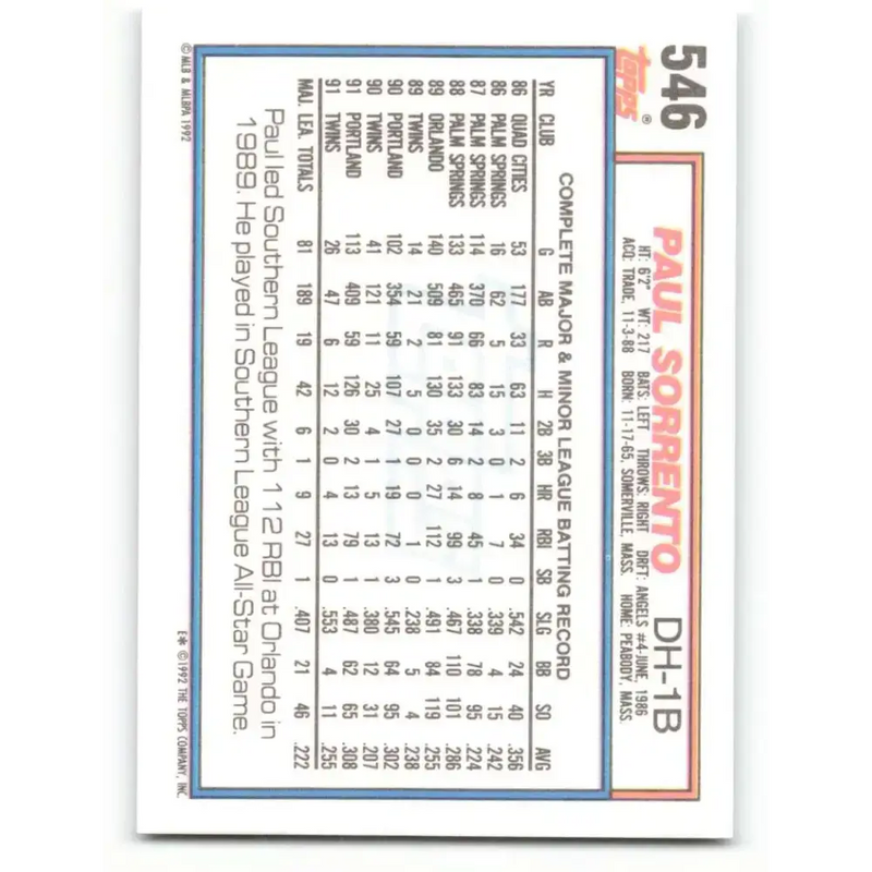 1992 Topps #546 Paul Sorrento NM-MT Minnesota Twins Baseball Card - Baseball Card Single