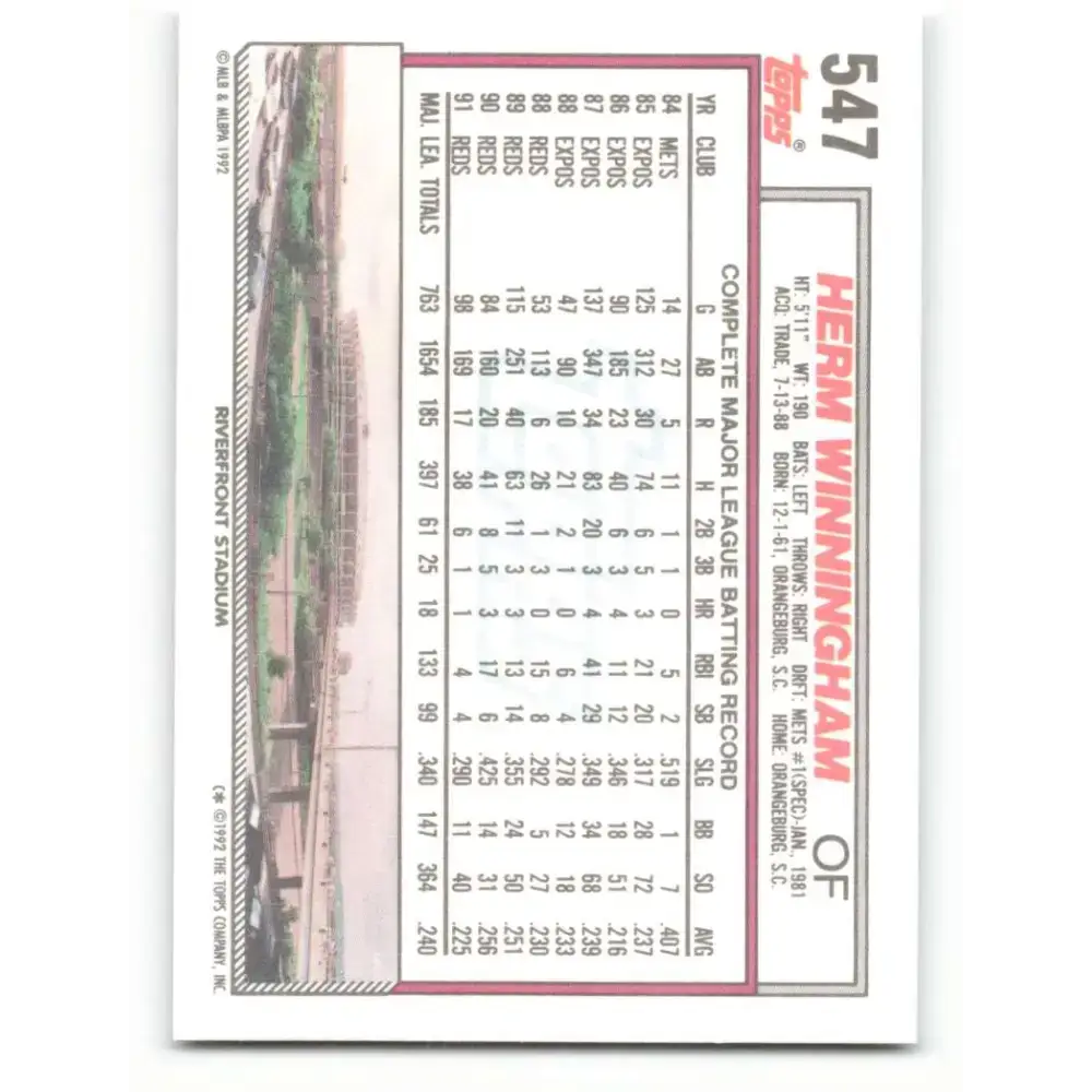 1992 Topps #547 Herm Winningham NM-MT Cincinnati Reds Baseball Card - Baseball Card Single