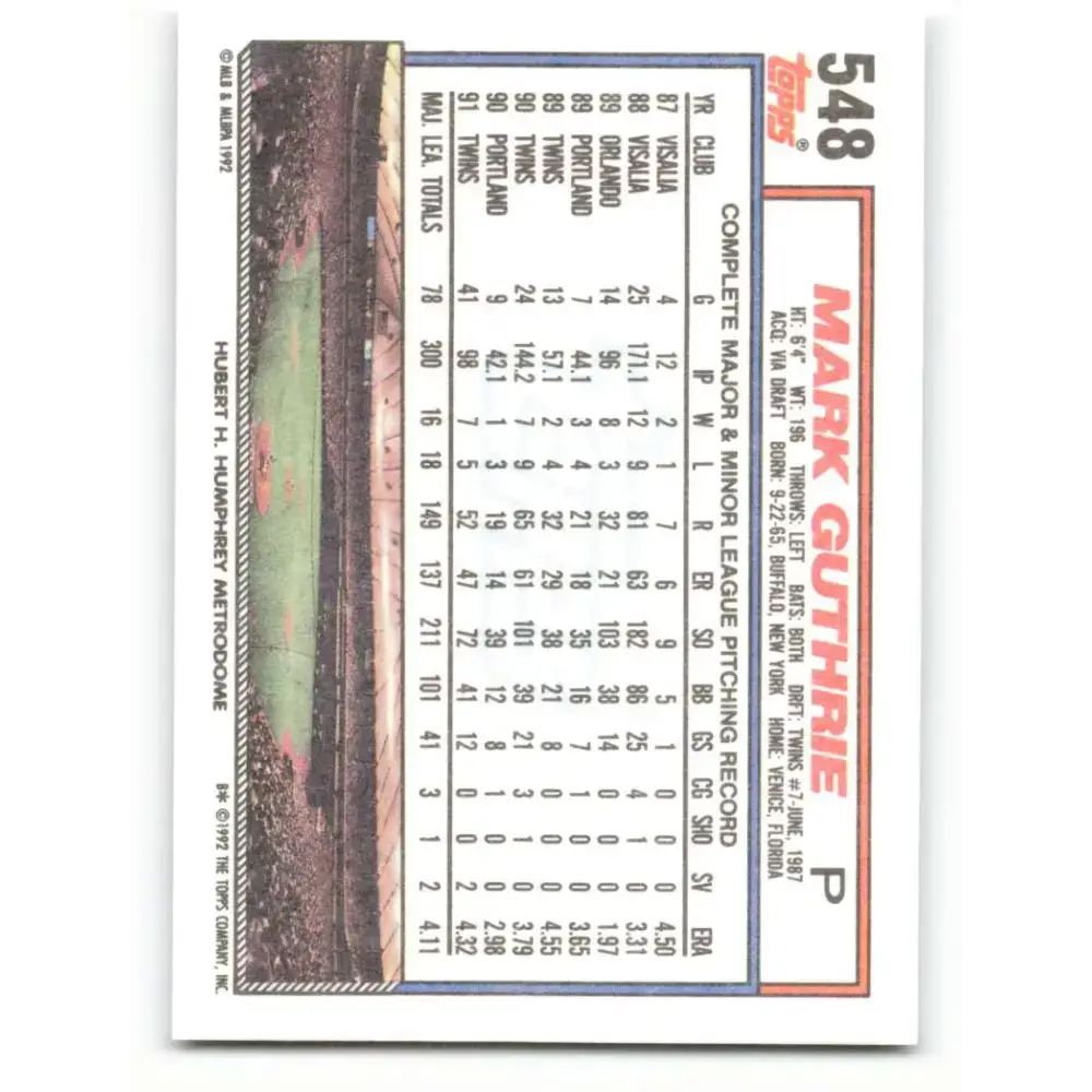 1992 Topps #548 Mark Guthrie NM-MT Minnesota Twins Baseball Card - Baseball Card Single