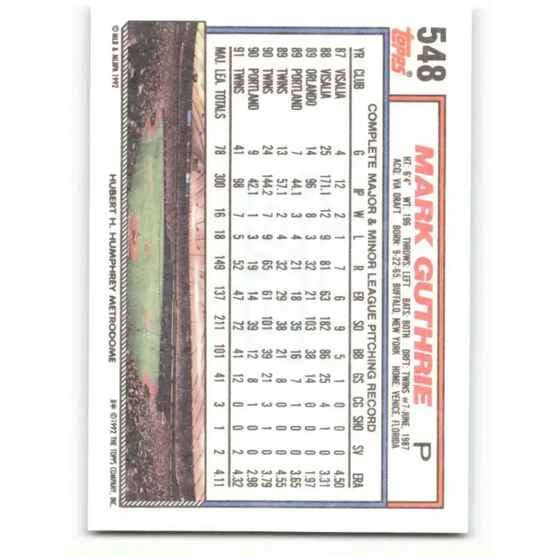 1992 Topps #548 Mark Guthrie NM-MT Minnesota Twins Baseball Card - Baseball Card Single