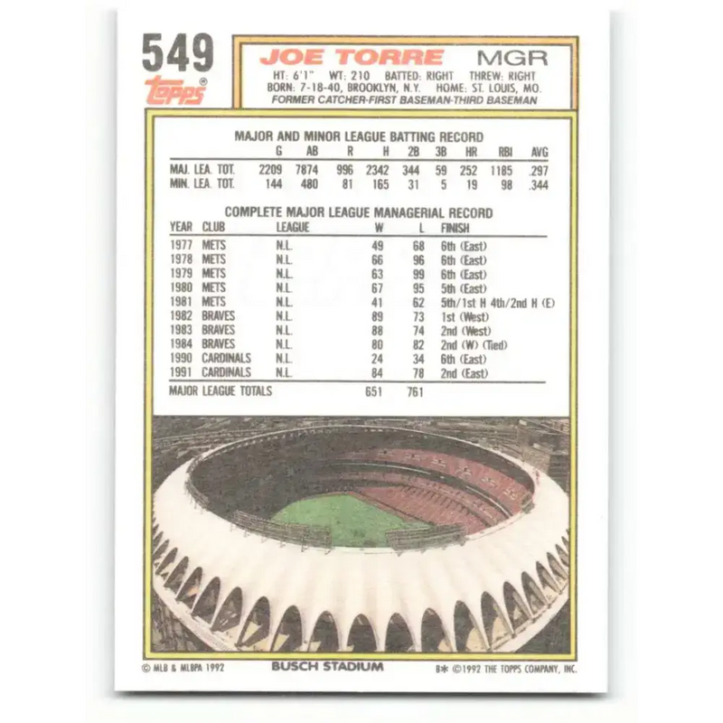 1992 Topps #549 Joe Torre NM-MT St. Louis Cardinals Baseball Card - Baseball Card Single
