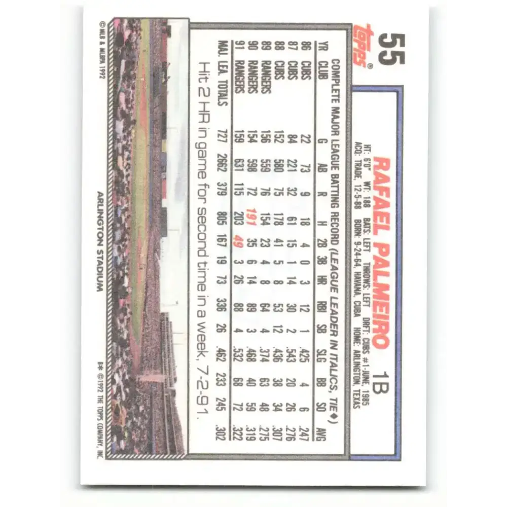 1992 Topps #55 Rafael Palmeiro NM-MT Texas Rangers Baseball Card - Baseball Card Single