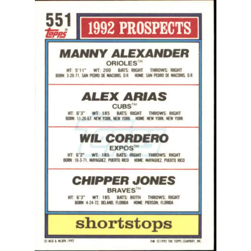1992 Topps #551 Manny Alexander/Alex Arias/Wil Cordero/Chipper Jones NM-MT Baltimore Orioles/Chicago Cubs/Montreal
