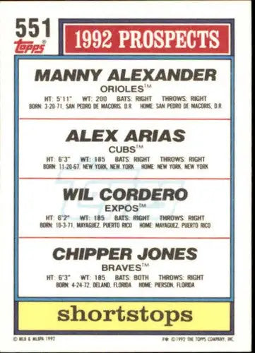 Original gloss baseball card back featuring Manny Alexander and Alex Arias from 1992 Topps