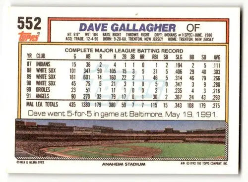 1992 Topps #552 Dave Gallagher California Angels Baseball Cards EX/N ID:55811 - Baseball Card Single