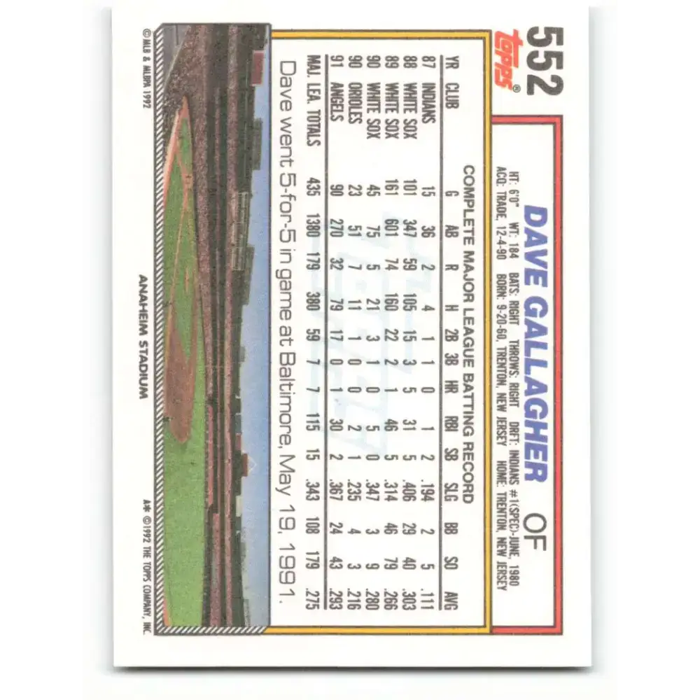 1992 Topps #552 Dave Gallagher NM-MT California Angels Baseball Card - Baseball Card Single