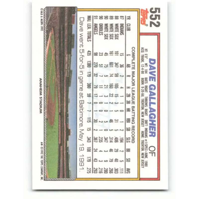 1992 Topps #552 Dave Gallagher NM-MT California Angels Baseball Card - Baseball Card Single