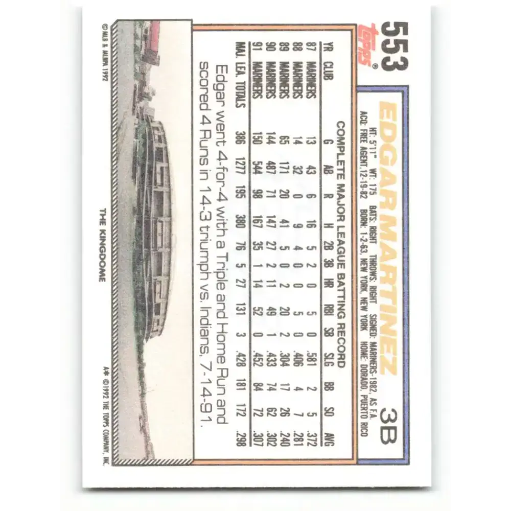 1992 Topps #553 Edgar Martinez NM-MT Seattle Mariners Baseball Card - Baseball Card Single