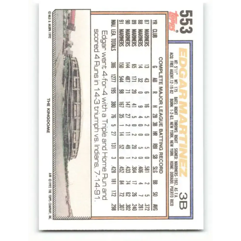 1992 Topps #553 Edgar Martinez NM-MT Seattle Mariners Baseball Card - Baseball Card Single