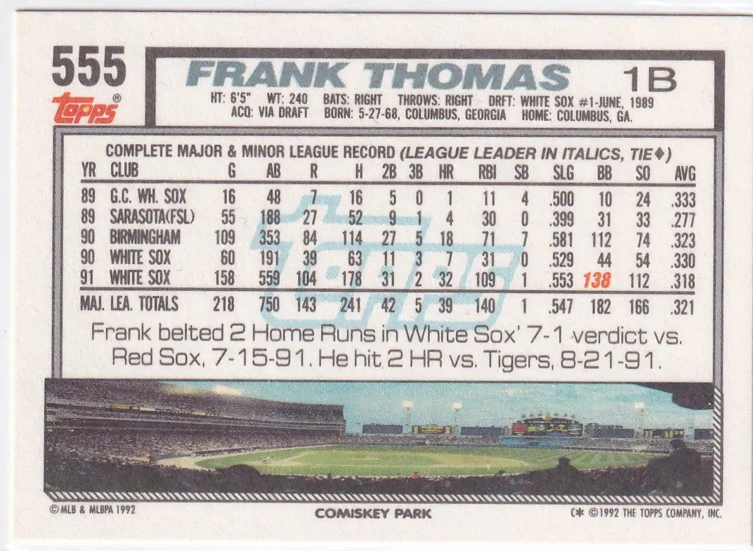 1992 TOPPS #555 FRANK THOMAS COMISKEY PARK- CHICAGO WHITE SOX - Baseball Card Single