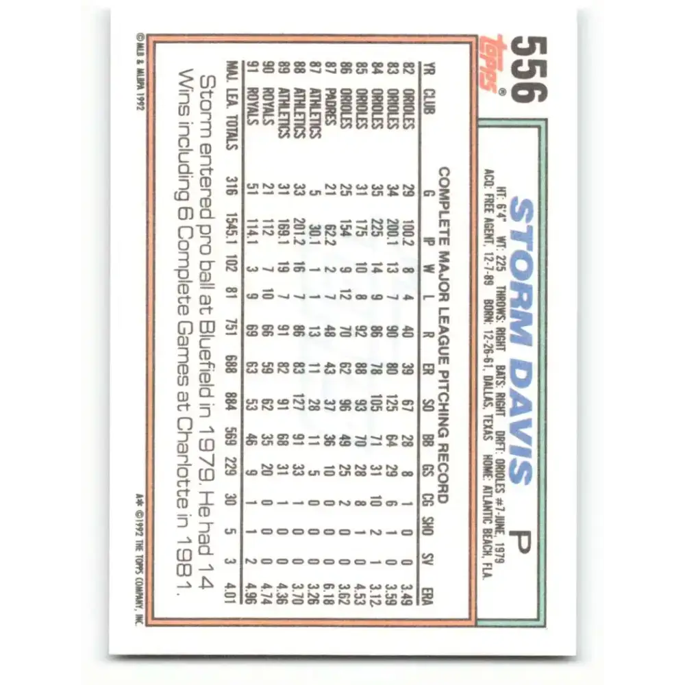 1992 Topps #556 Storm Davis NM-MT Kansas City Royals Baseball Card - Baseball Card Single