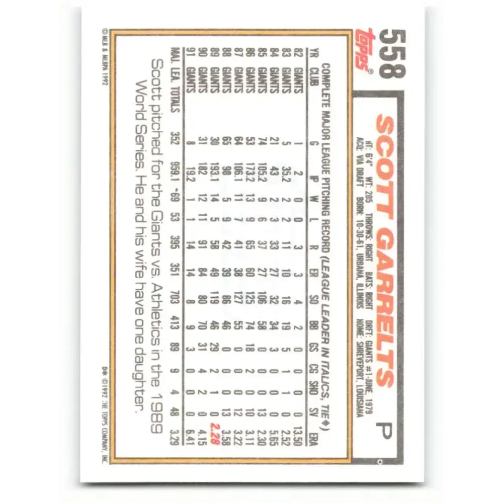 1992 Topps #558 Scott Garrelts NM-MT San Francisco Giants Baseball Card - Baseball Card Single