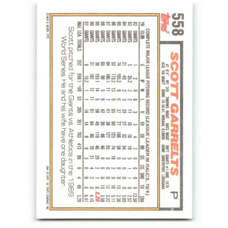 1992 Topps #558 Scott Garrelts NM-MT San Francisco Giants Baseball Card - Baseball Card Single