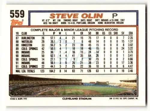 1992 Topps #559 Steve Olin Cleveland Indians Baseball Cards EX/NM ID:55890 - Baseball Card Single