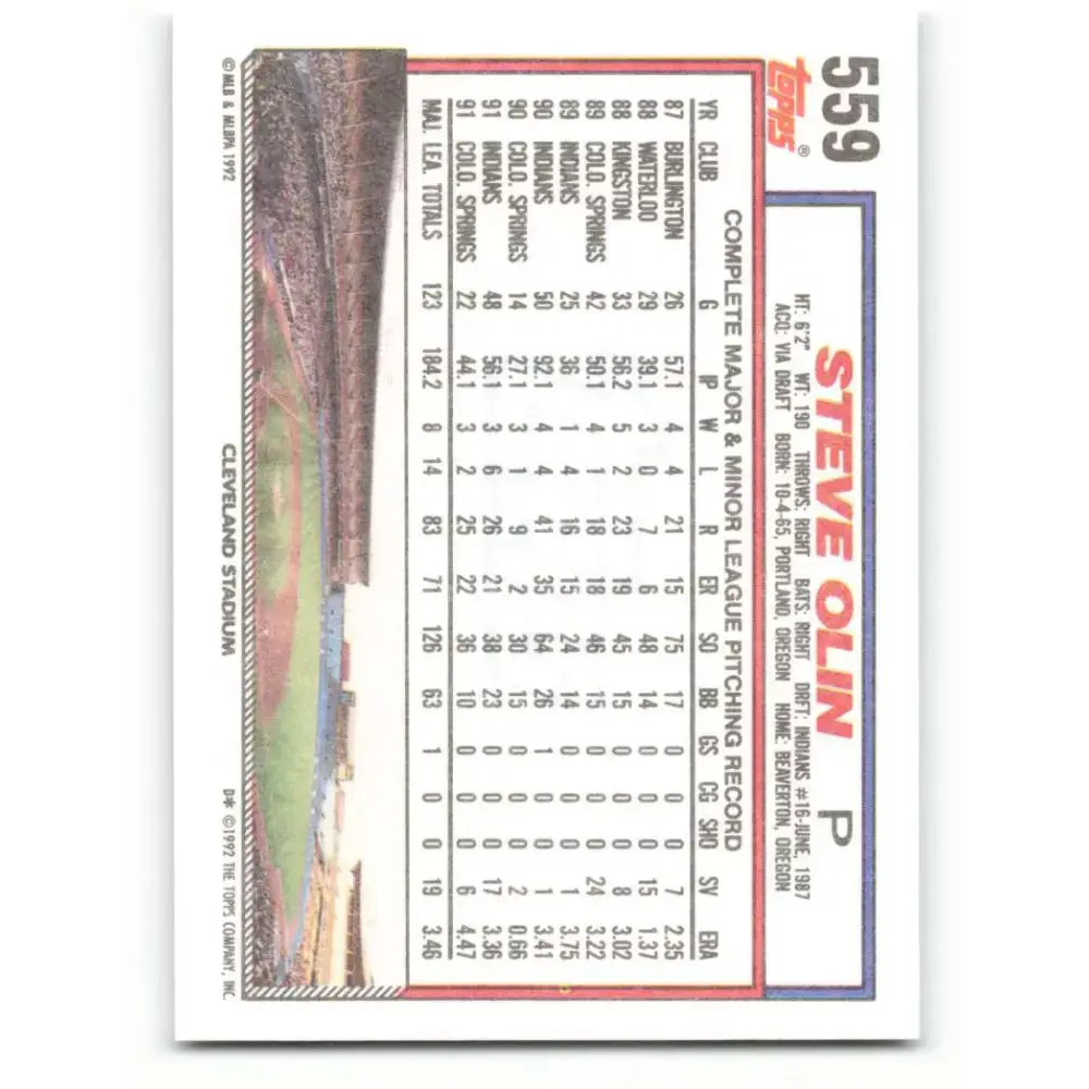 1992 Topps #559 Steve Olin NM-MT Cleveland Indians Baseball Card - Baseball Card Single