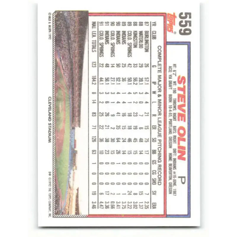 1992 Topps #559 Steve Olin NM-MT Cleveland Indians Baseball Card - Baseball Card Single