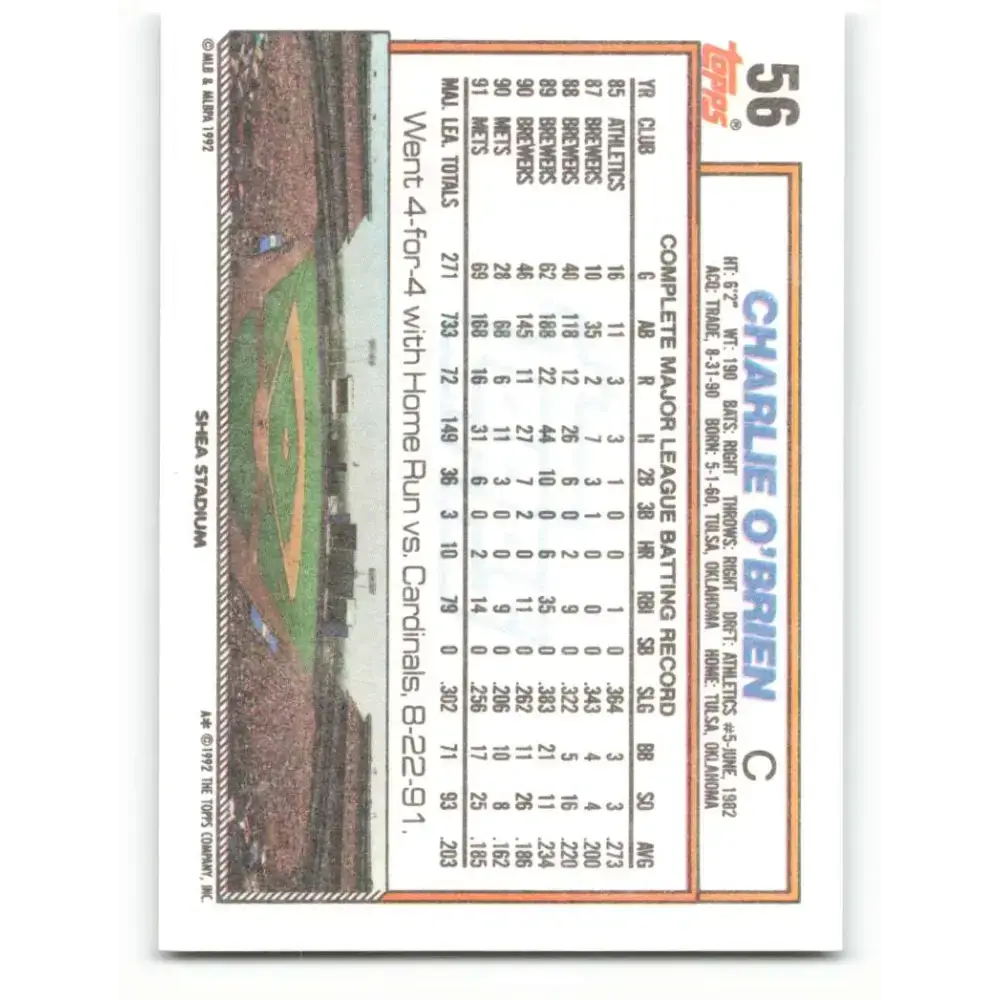 1992 Topps #56 Charlie O’Brien NM-MT New York Mets Baseball Card - Baseball Card Single