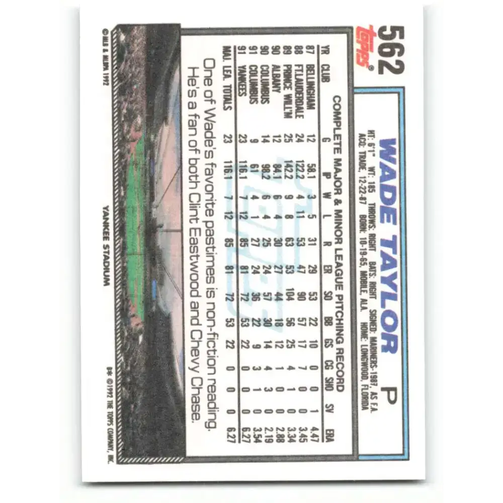 1992 Topps #562 Wade Taylor NM-MT New York Yankees Baseball Card - Baseball Card Single